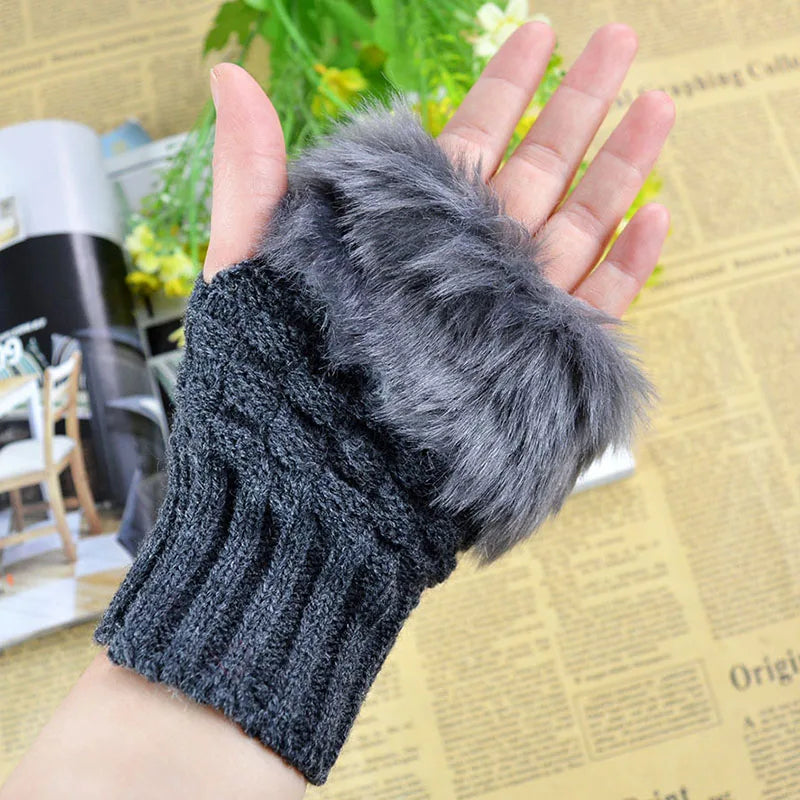 Faux Fur Fingerless Winter Gloves Hand Warmer