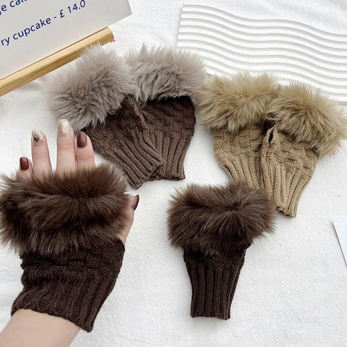 Faux Fur Fingerless Winter Gloves Hand Warmer