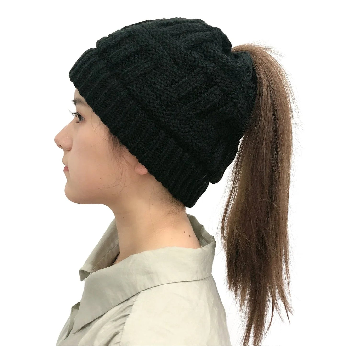 Women Winter Knit Beanie Ponytail Knit Hat