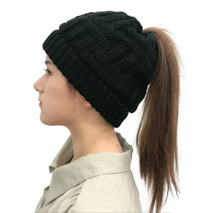 Women Winter Knit Beanie Ponytail Knit Hat
