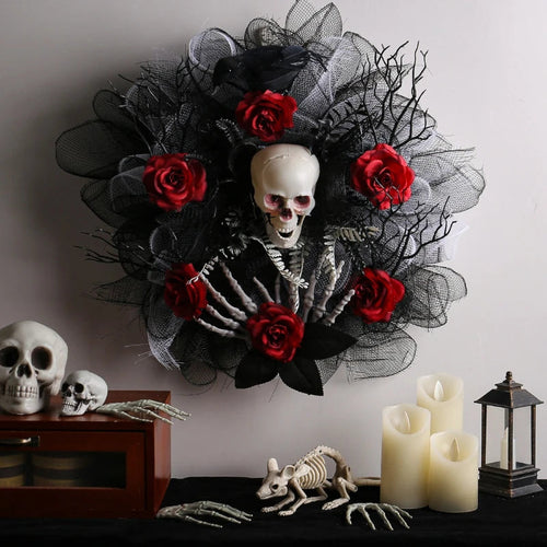 Halloween Garland Red Rose Skull Front Door Wreath