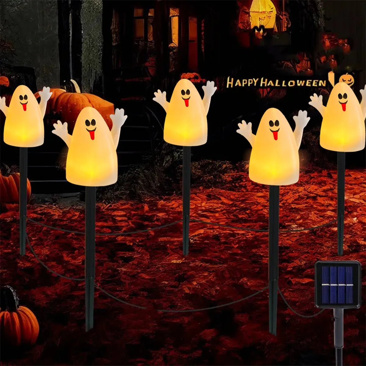Lighted Halloween Pumpkin and Ghost Solar Decor Set