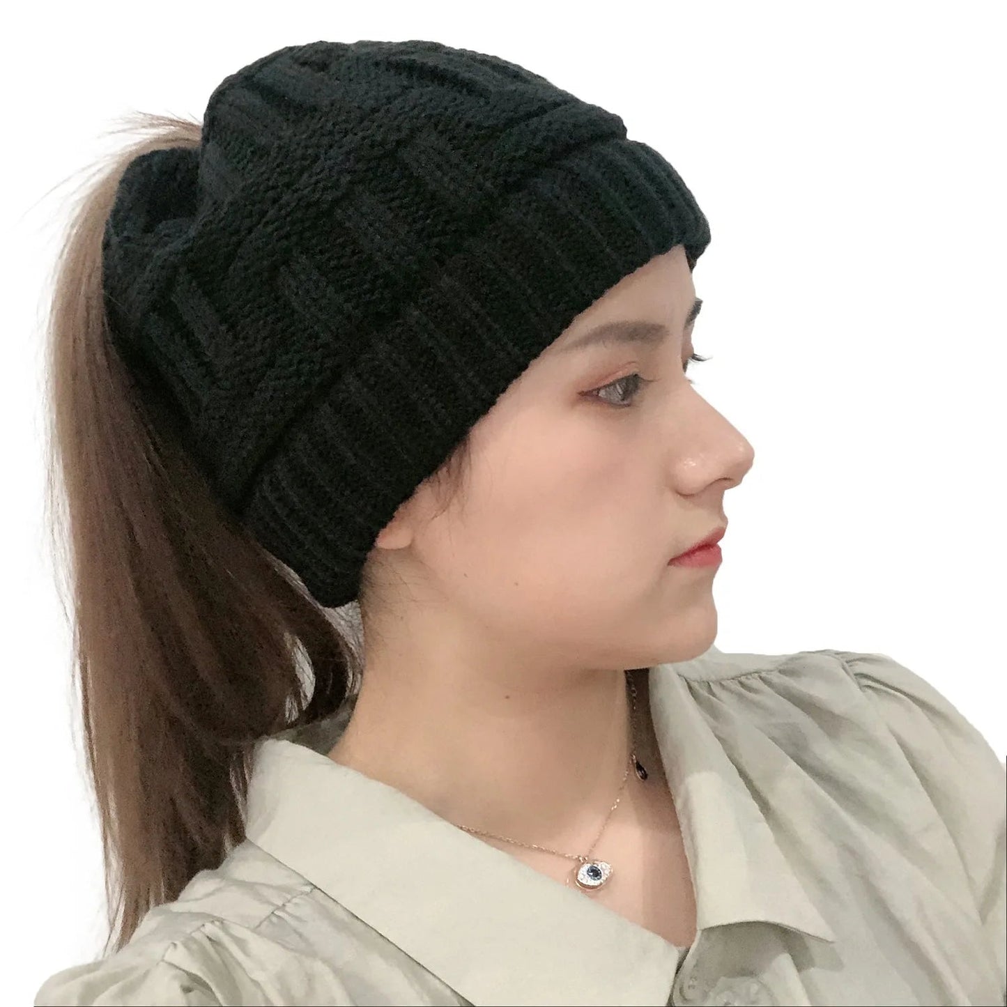 Women Winter Knit Beanie Ponytail Knit Hat