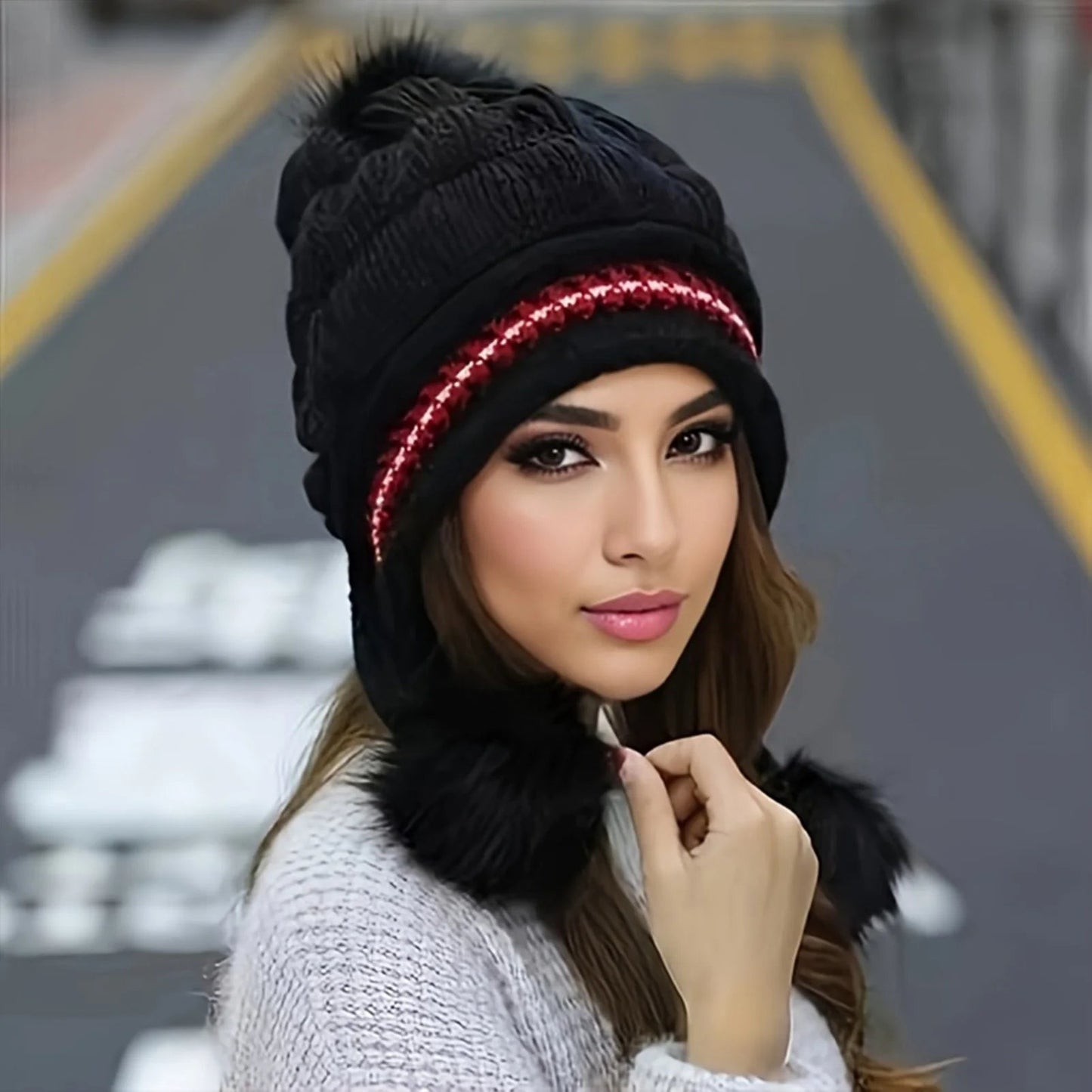 Fleece Lined Winter Hat with Faux Fur Hat Pom Pom