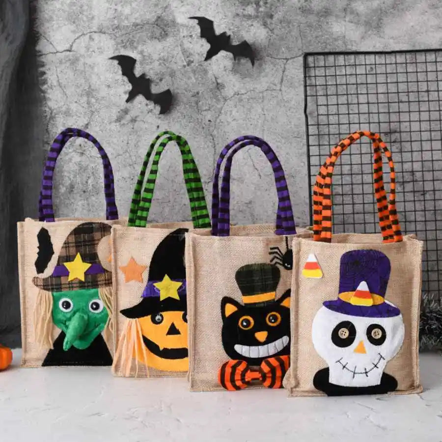 Halloween Treat Bag with Pumpkin Cat Witch and Skull Design