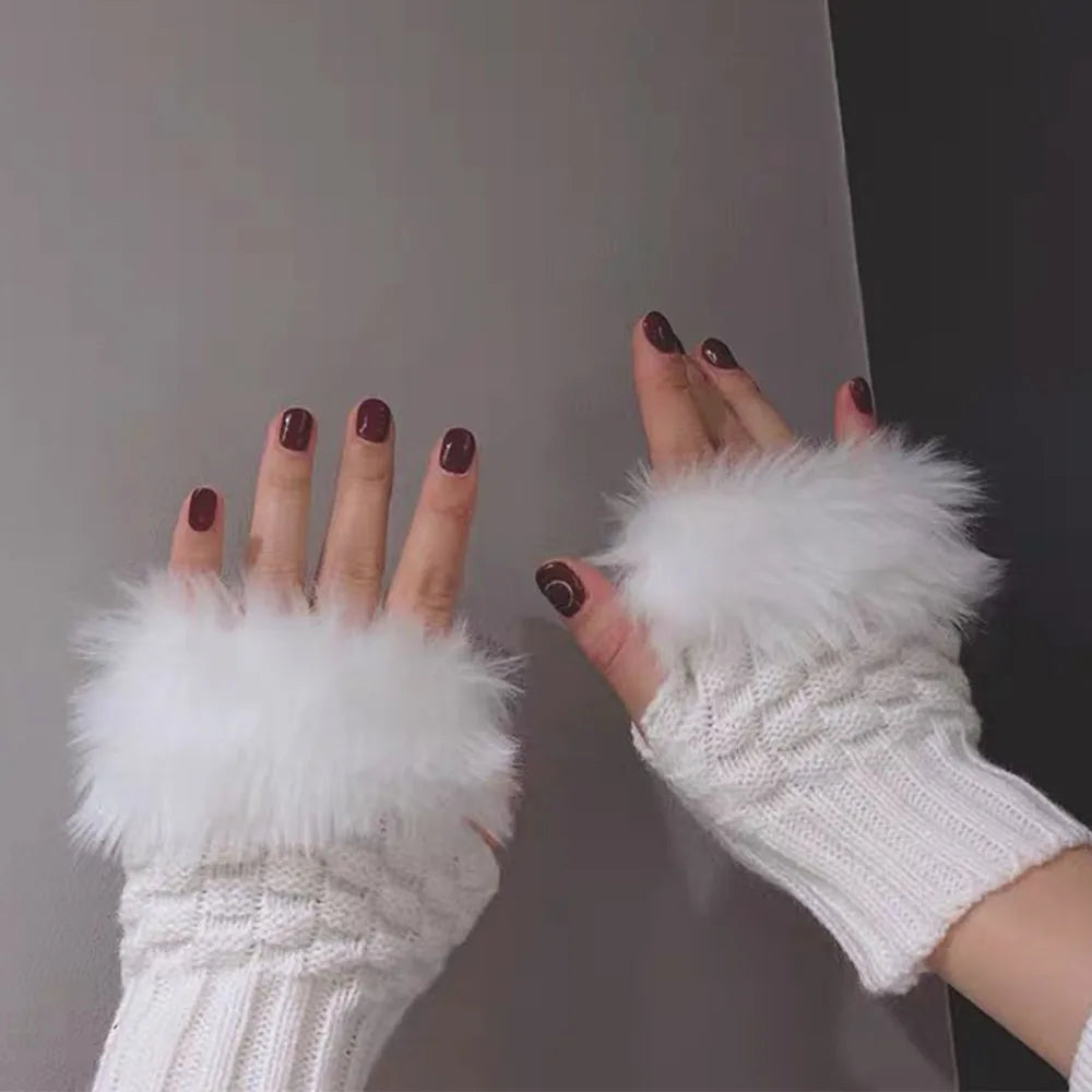 Faux Fur Fingerless Winter Gloves Hand Warmer