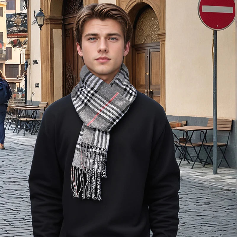 Luxury Plaid Cashmere Winter Scarf for Men