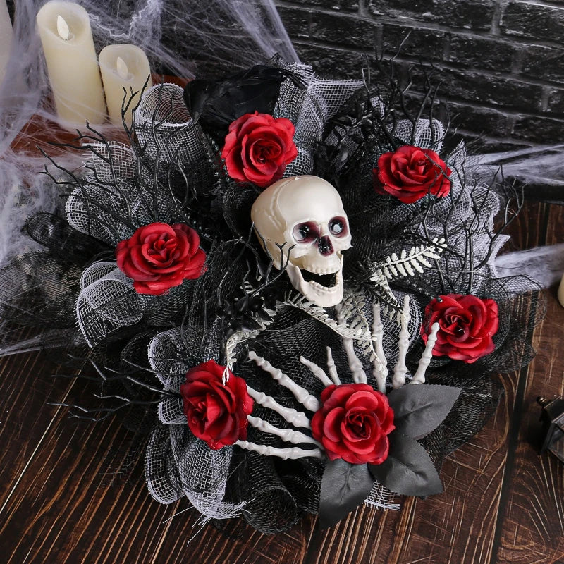 Halloween Garland Red Rose Skull Front Door Wreath