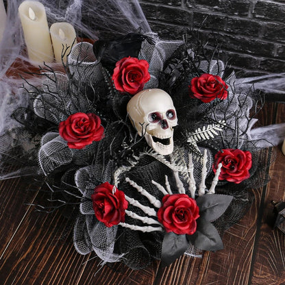 Halloween Garland Red Rose Skull Front Door Wreath