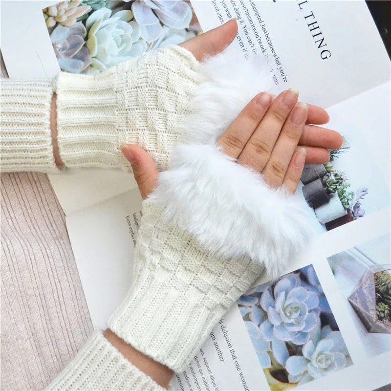 Faux Fur Fingerless Winter Gloves Hand Warmer