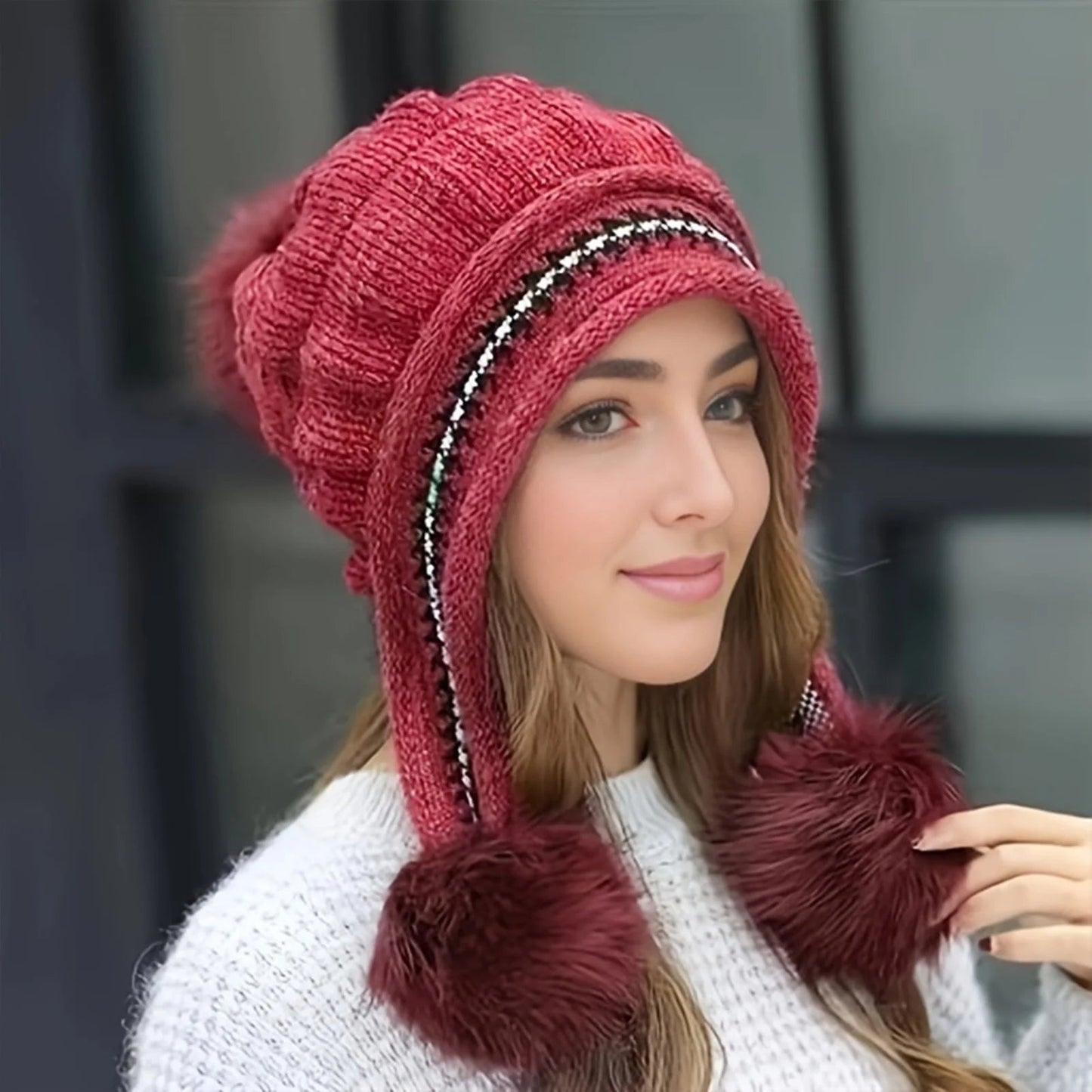 Fleece Lined Winter Hat with Faux Fur Hat Pom Pom