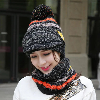 Cozy Knitted Hat Scarf Set with Velvet Lining