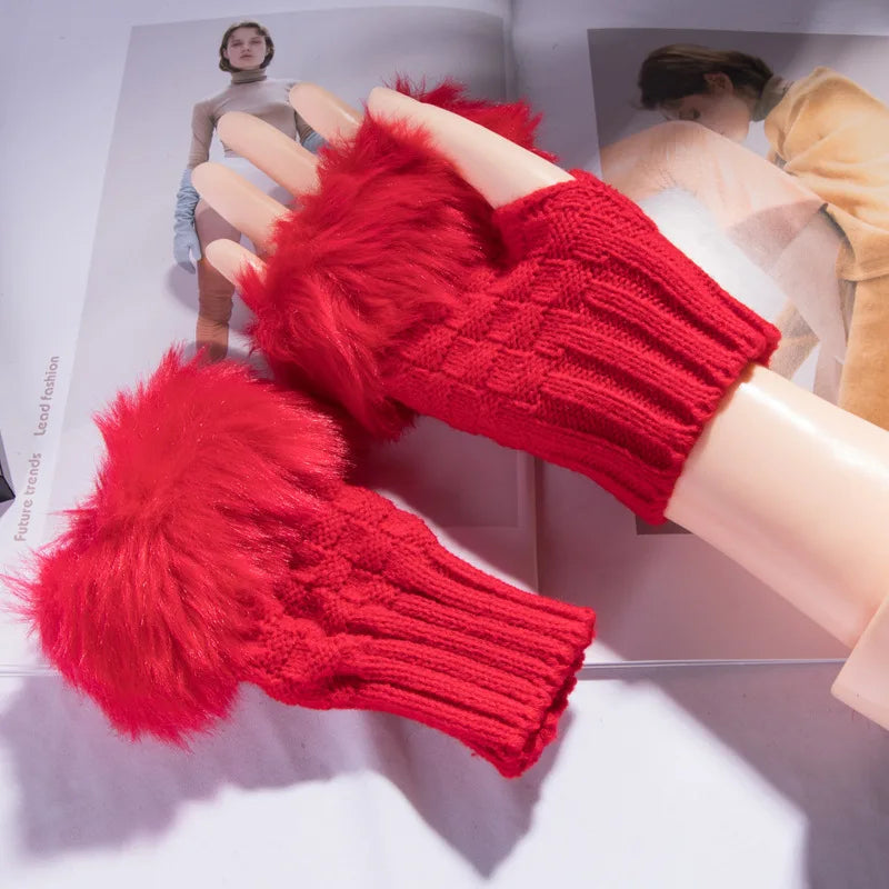 Faux Fur Fingerless Winter Gloves Hand Warmer
