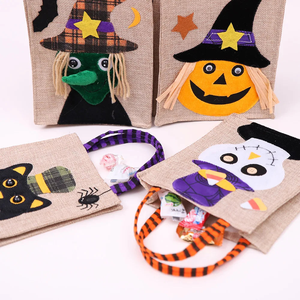 Halloween Treat Bag with Pumpkin Cat Witch and Skull Design