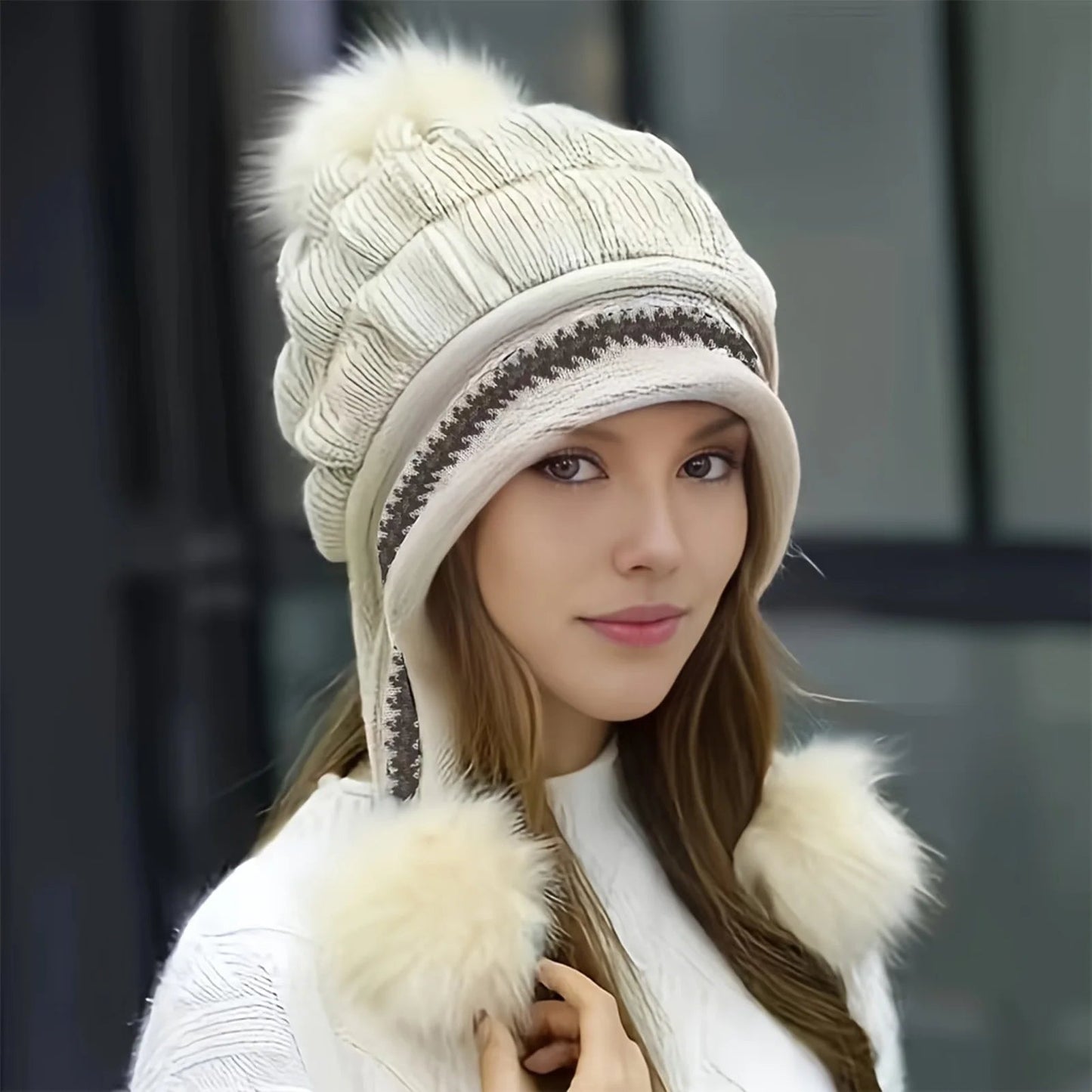 Fleece Lined Winter Hat with Faux Fur Hat Pom Pom