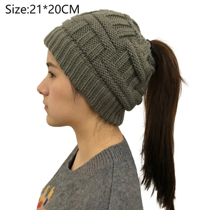 Women Winter Knit Beanie Ponytail Knit Hat
