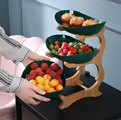 Multi-tiered wooden fruit bowl
