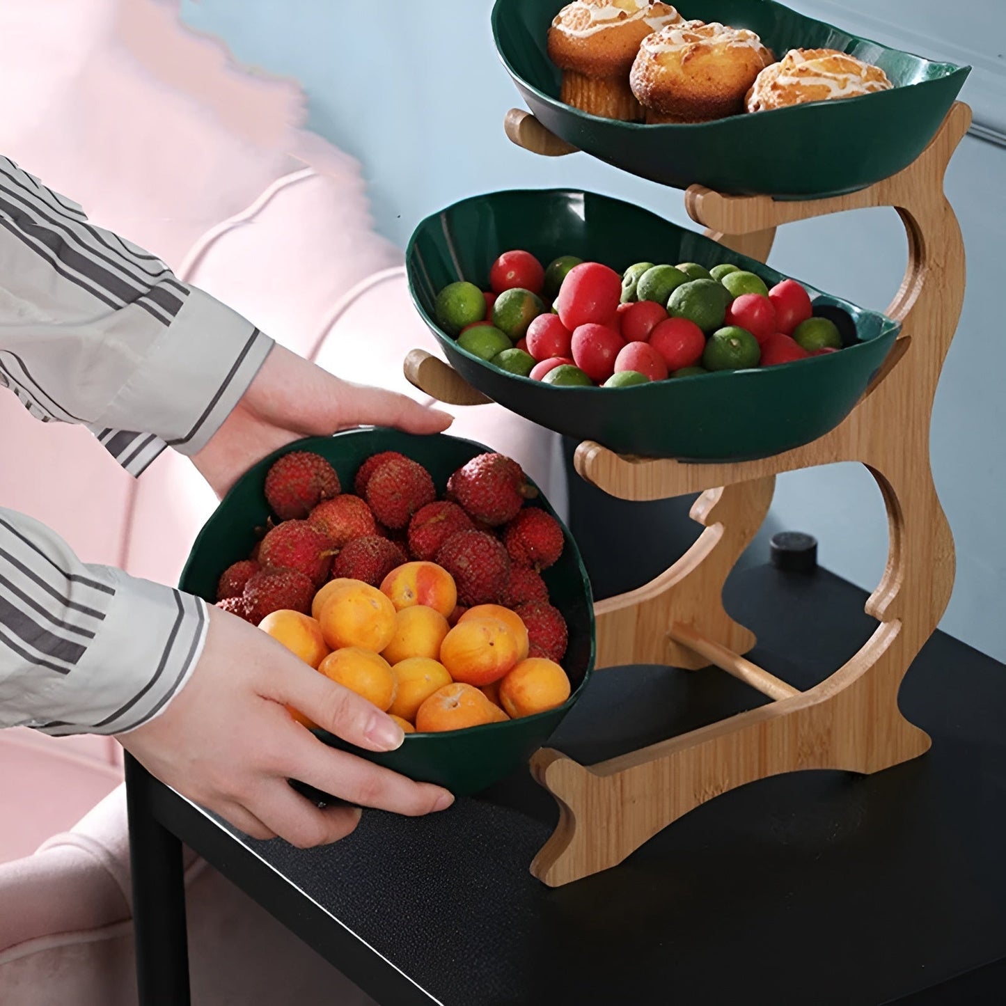 Multi-tiered wooden fruit bowl
