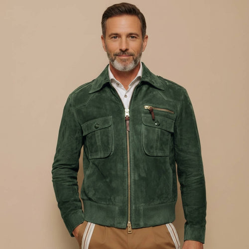 Men's Retro Lapel Zipper Breast Pocket Suede Jacket