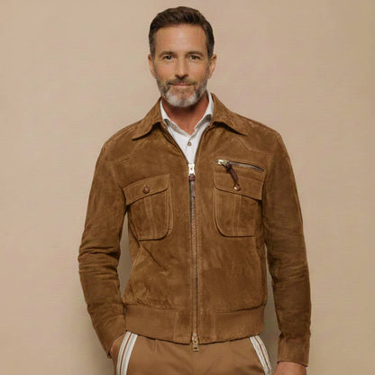 Men's Retro Lapel Zipper Breast Pocket Suede Jacket