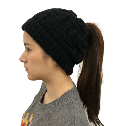 Women Winter Knit Beanie Ponytail Knit Hat