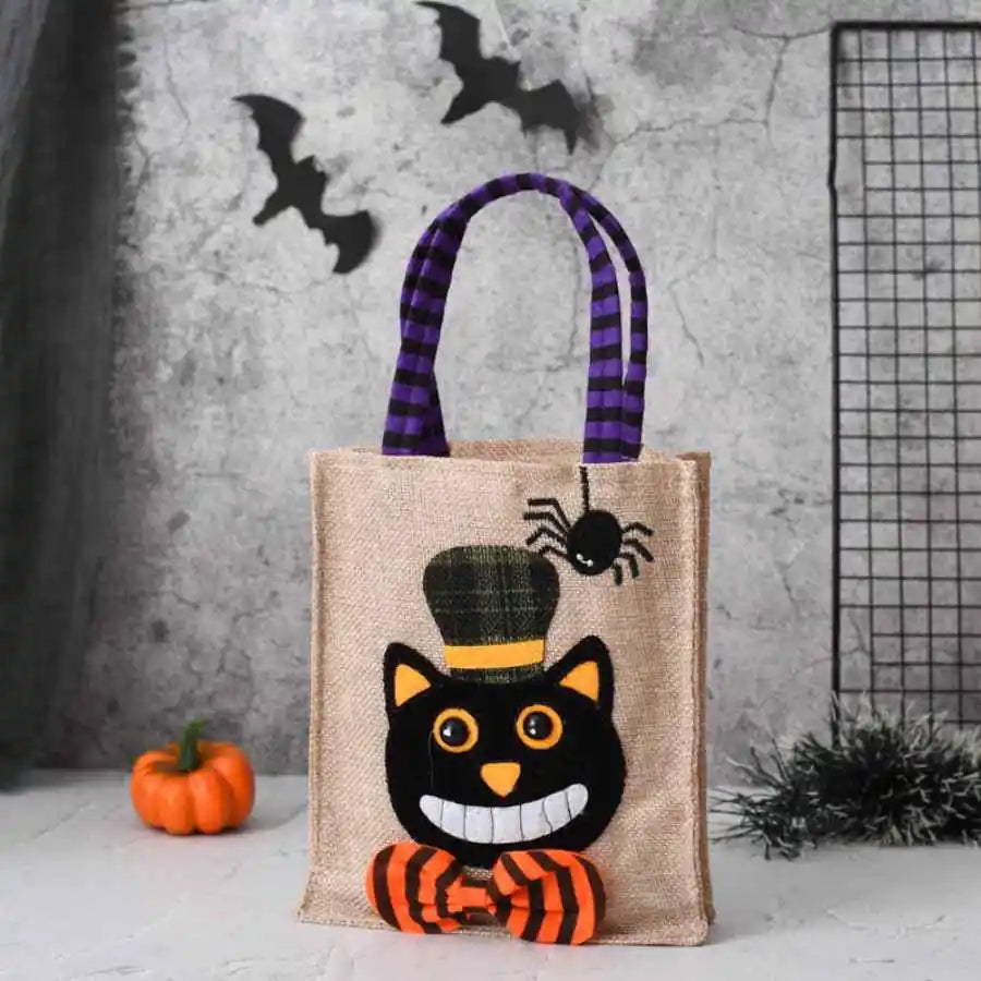 Halloween Treat Bag with Pumpkin Cat Witch and Skull Design
