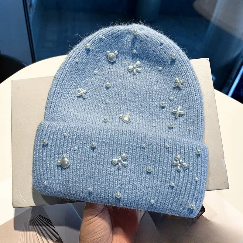 Pearl Accent Knit Beanie Winter Hat