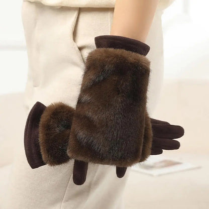 Suede Rabbit Fur Touch Screen Winter Gloves