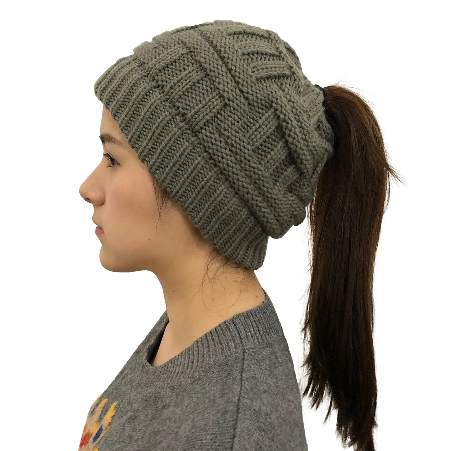 Women Winter Knit Beanie Ponytail Knit Hat