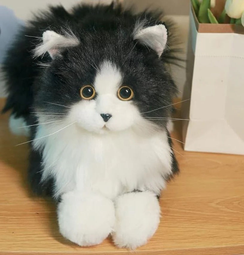 Lifelike Black and White Plush Cat