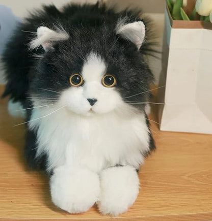Lifelike Black and White Plush Cat