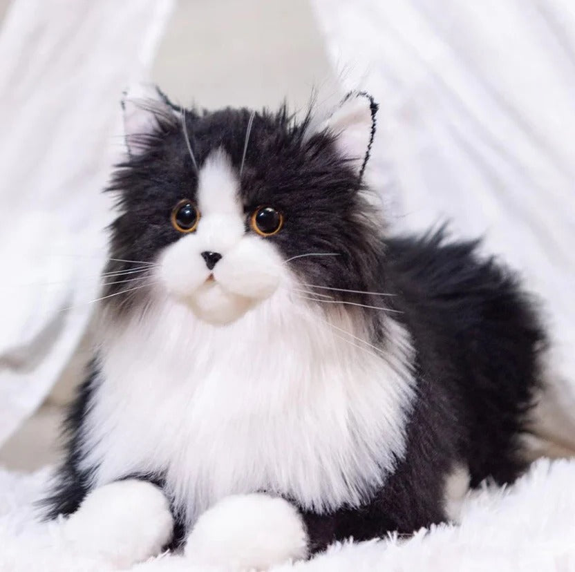 Lifelike Black and White Plush Cat