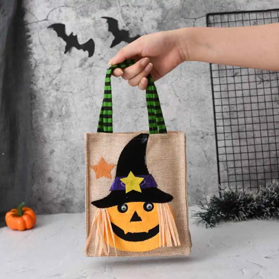 Halloween Treat Bag with Pumpkin Cat Witch and Skull Design