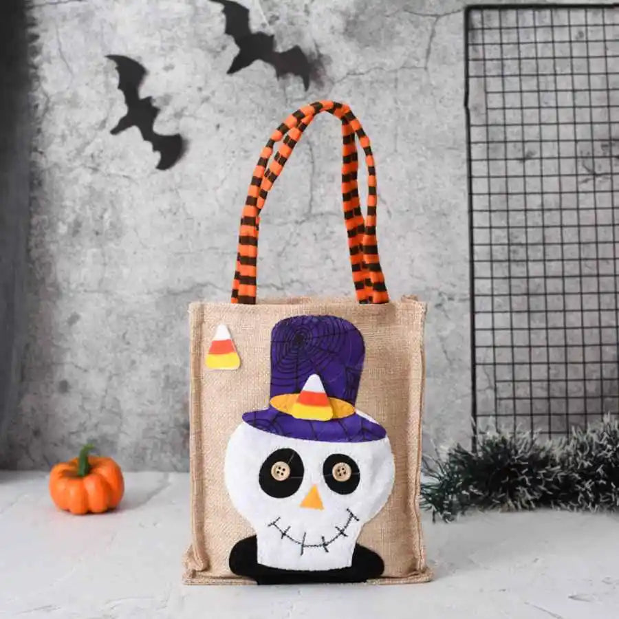 Halloween Treat Bag with Pumpkin Cat Witch and Skull Design