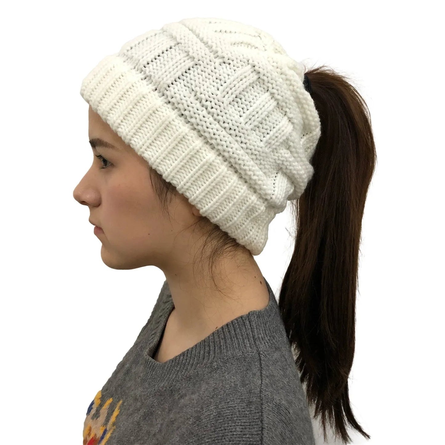 Women Winter Knit Beanie Ponytail Knit Hat