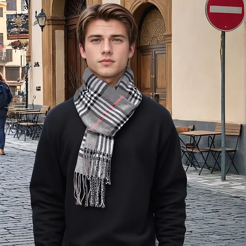 Luxury Plaid Cashmere Winter Scarf for Men